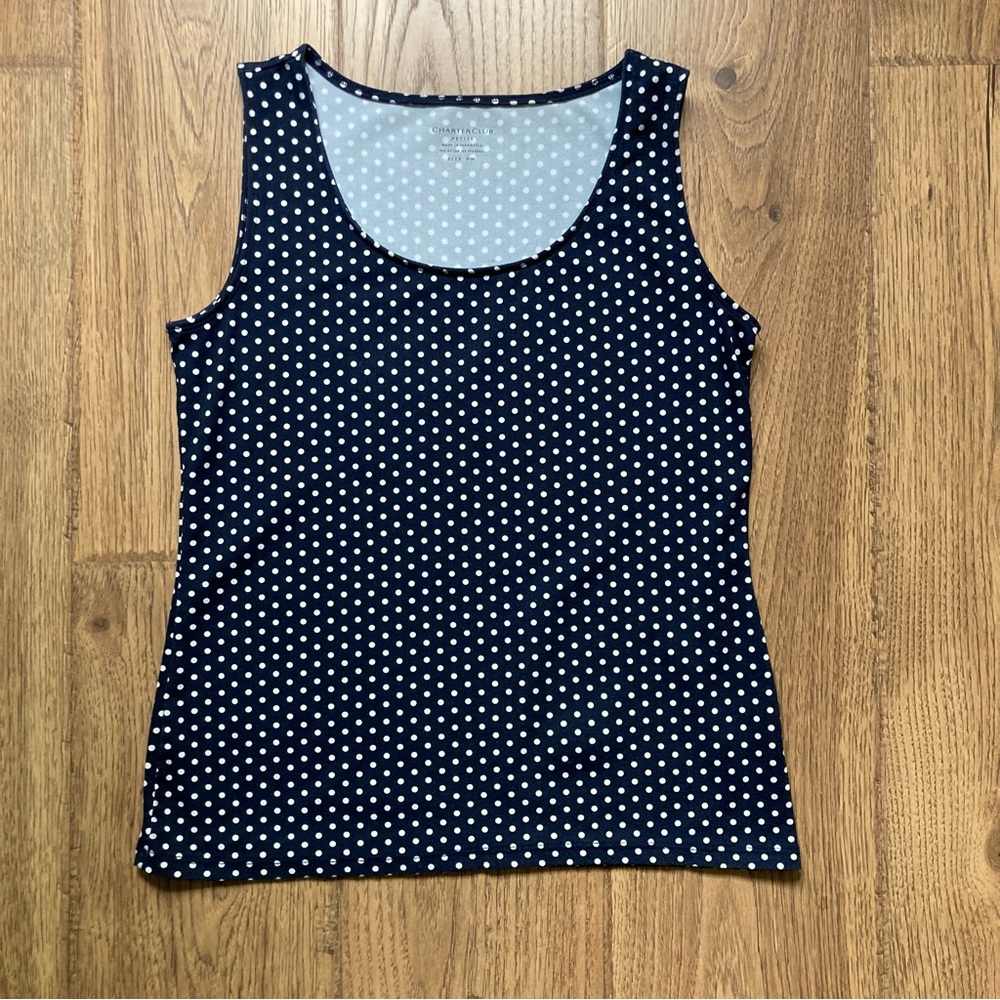 Charter Club Petite Navy and White Dot Tank Top
